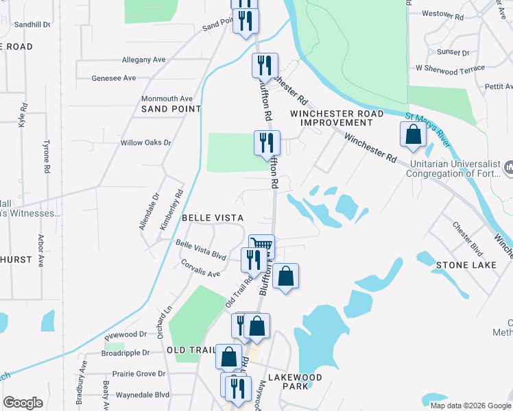 map of restaurants, bars, coffee shops, grocery stores, and more near 5404 Bluffton Road in Fort Wayne
