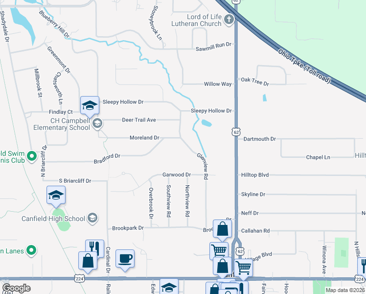 map of restaurants, bars, coffee shops, grocery stores, and more near 203 Moreland Drive in Canfield