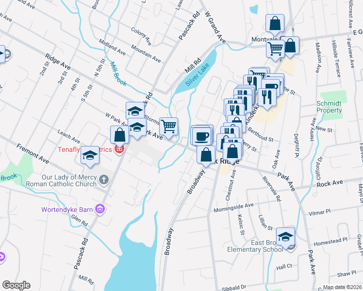 map of restaurants, bars, coffee shops, grocery stores, and more near 51 Park Avenue in Park Ridge