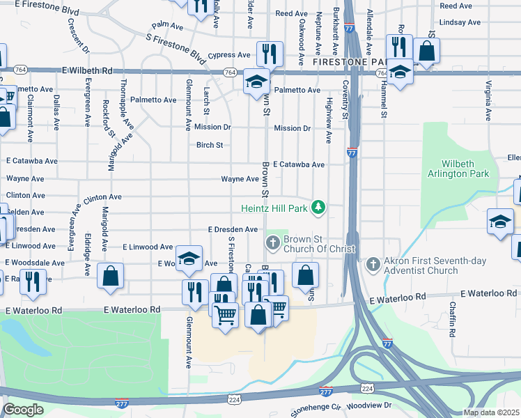 map of restaurants, bars, coffee shops, grocery stores, and more near 430 Clinton Avenue in Akron