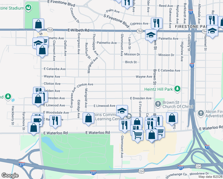 map of restaurants, bars, coffee shops, grocery stores, and more near 308 Clinton Avenue in Akron