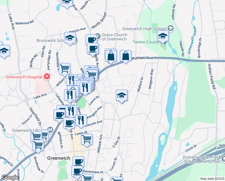 map of restaurants, bars, coffee shops, grocery stores, and more near 98 Putnam Park in Greenwich