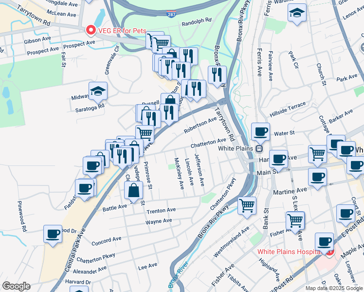 map of restaurants, bars, coffee shops, grocery stores, and more near 86 Robertson Avenue in White Plains