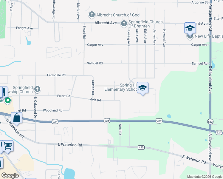 map of restaurants, bars, coffee shops, grocery stores, and more near 3275 Brunk Road in Akron