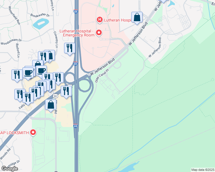 map of restaurants, bars, coffee shops, grocery stores, and more near 5730 Bittern Drive in Fort Wayne