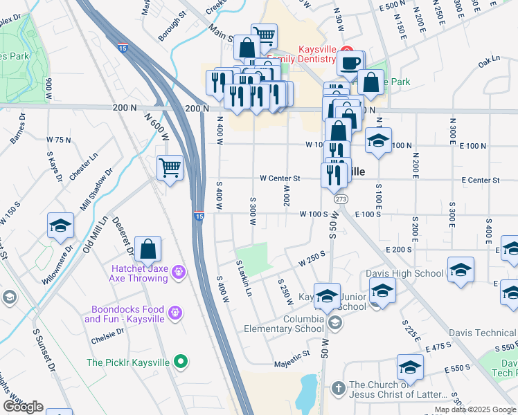 map of restaurants, bars, coffee shops, grocery stores, and more near 95 South 300 West in Kaysville
