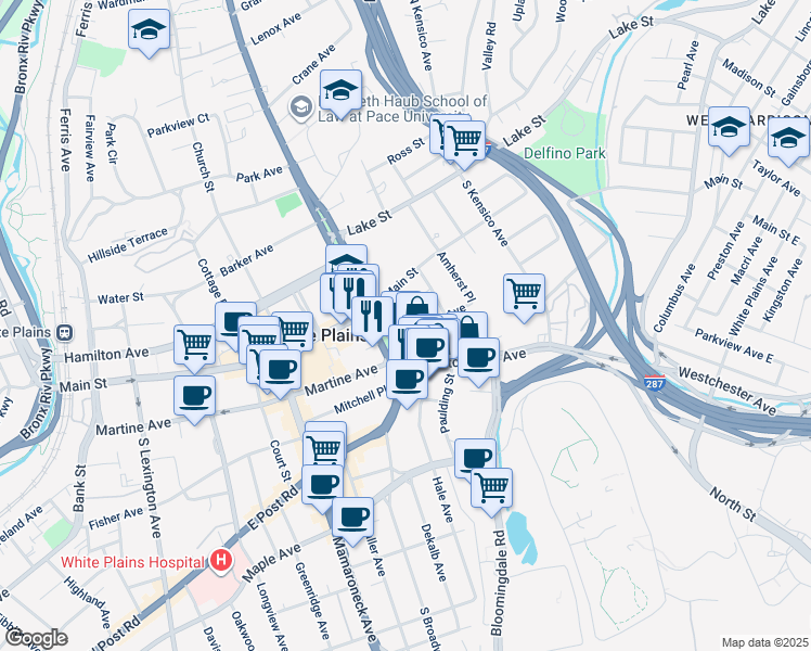 map of restaurants, bars, coffee shops, grocery stores, and more near 1 Franklin Avenue in White Plains