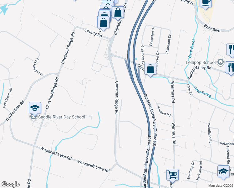 map of restaurants, bars, coffee shops, grocery stores, and more near 291 Chestnut Ridge Road in Woodcliff Lake