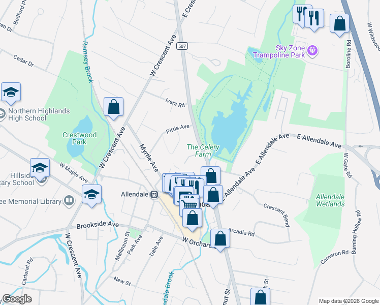 map of restaurants, bars, coffee shops, grocery stores, and more near 33 Grey Avenue in Allendale