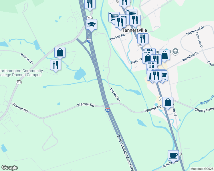 map of restaurants, bars, coffee shops, grocery stores, and more near 139 Old Mill Road in Tannersville