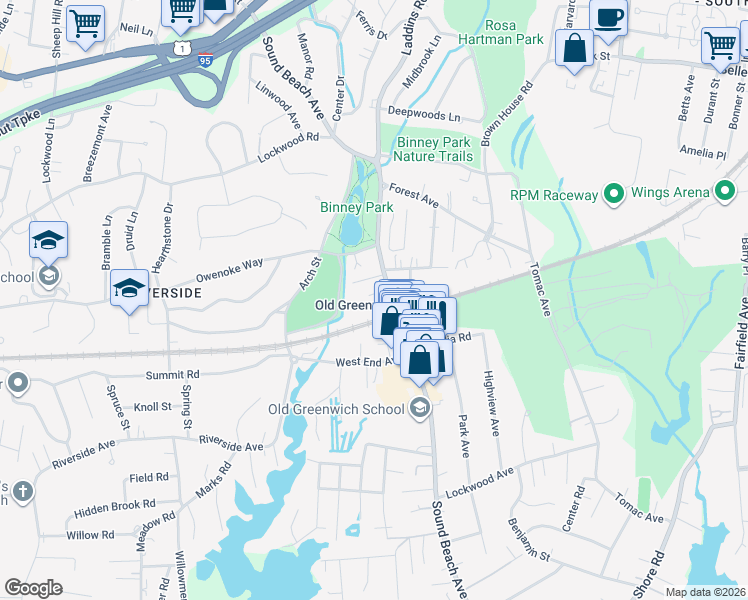 map of restaurants, bars, coffee shops, grocery stores, and more near 143 Sound Beach Ave in Old Greenwich