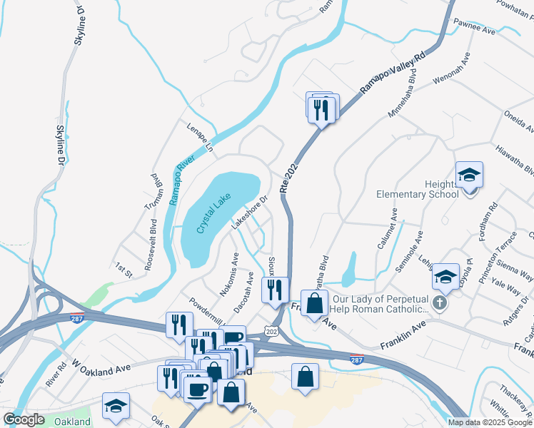 map of restaurants, bars, coffee shops, grocery stores, and more near 84 Lakeshore Drive in Oakland