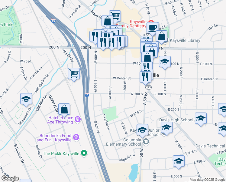 map of restaurants, bars, coffee shops, grocery stores, and more near 95 South 300 West in Kaysville