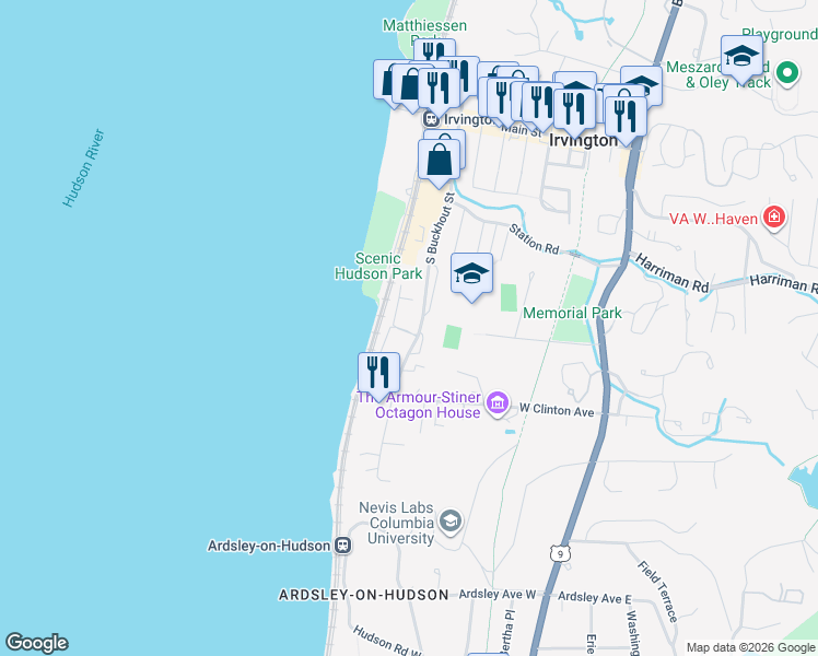 map of restaurants, bars, coffee shops, grocery stores, and more near 240 South Buckhout Street in Irvington