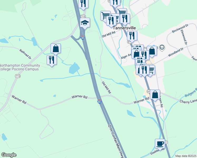 map of restaurants, bars, coffee shops, grocery stores, and more near 139 Old Mill Road in Tannersville