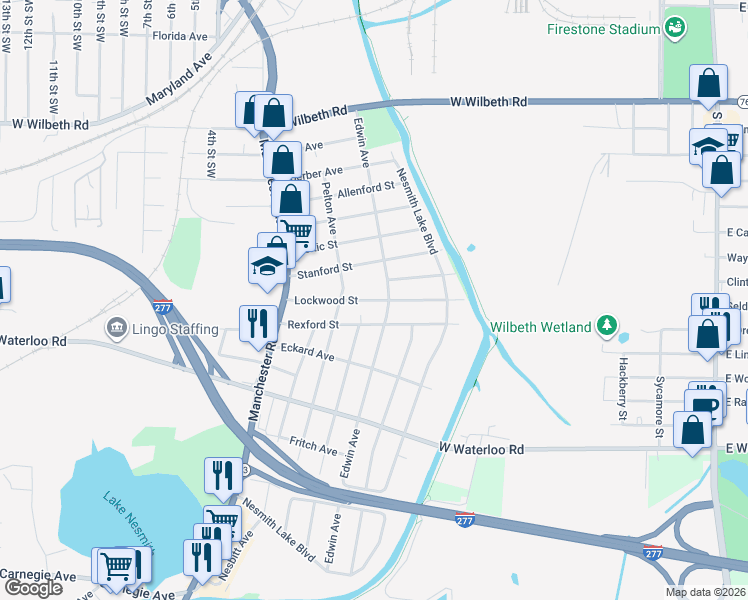 map of restaurants, bars, coffee shops, grocery stores, and more near Lockwood Street in Akron