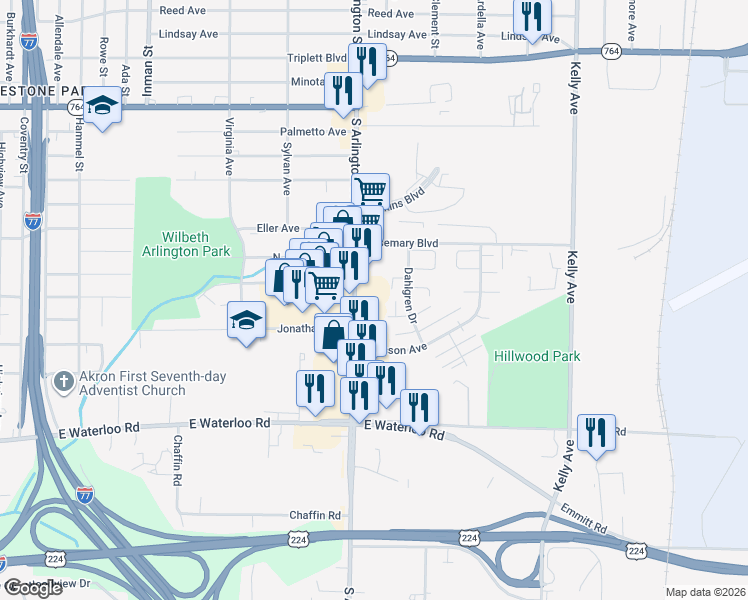 map of restaurants, bars, coffee shops, grocery stores, and more near 1419 South Arlington Street in Akron