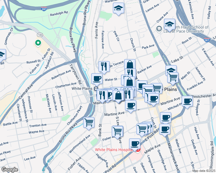 map of restaurants, bars, coffee shops, grocery stores, and more near 25 North Lexington Avenue in White Plains