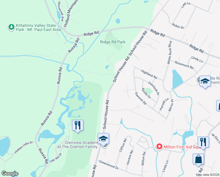 map of restaurants, bars, coffee shops, grocery stores, and more near 104 School House Road in Jefferson