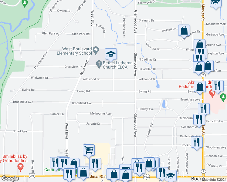 map of restaurants, bars, coffee shops, grocery stores, and more near 6399 Northlawn Avenue in Boardman