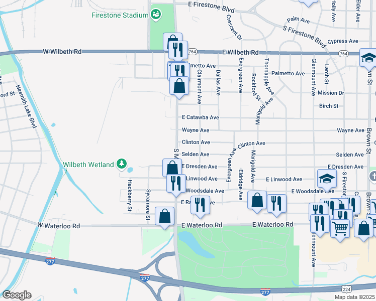 map of restaurants, bars, coffee shops, grocery stores, and more near 1941 South Main Street in Akron