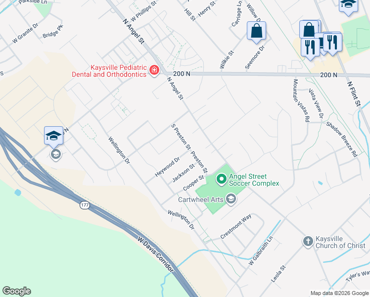 map of restaurants, bars, coffee shops, grocery stores, and more near 94 South Preston Street in Kaysville