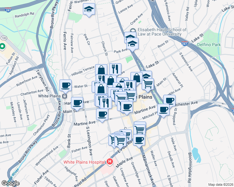 map of restaurants, bars, coffee shops, grocery stores, and more near 274 Hamilton Avenue in White Plains