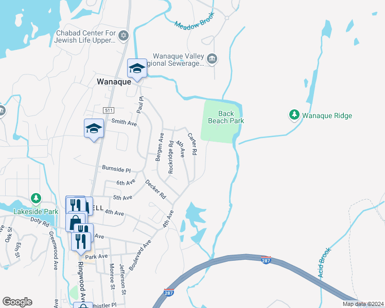 map of restaurants, bars, coffee shops, grocery stores, and more near 112 Carter Road in Wanaque