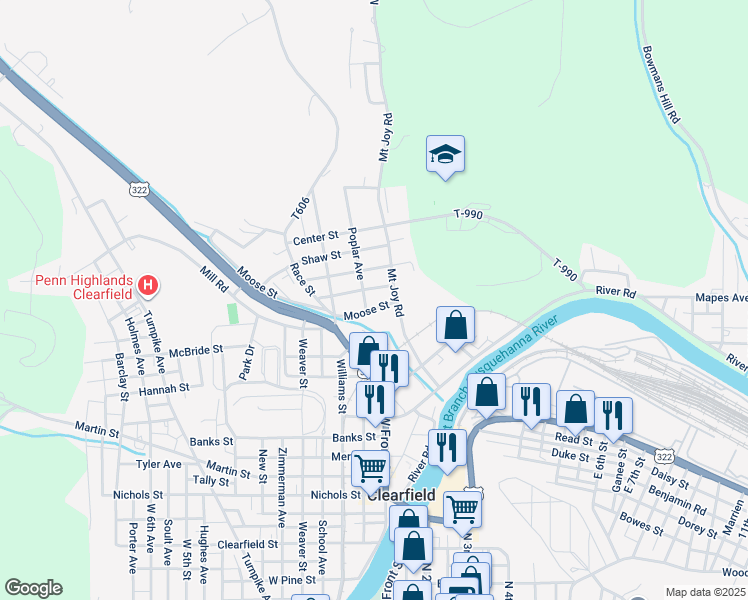 map of restaurants, bars, coffee shops, grocery stores, and more near 205 Poplar Avenue in Clearfield
