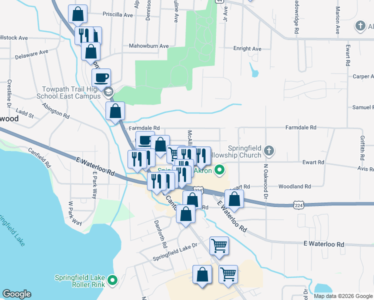 map of restaurants, bars, coffee shops, grocery stores, and more near 2828 Linwood Road in Akron