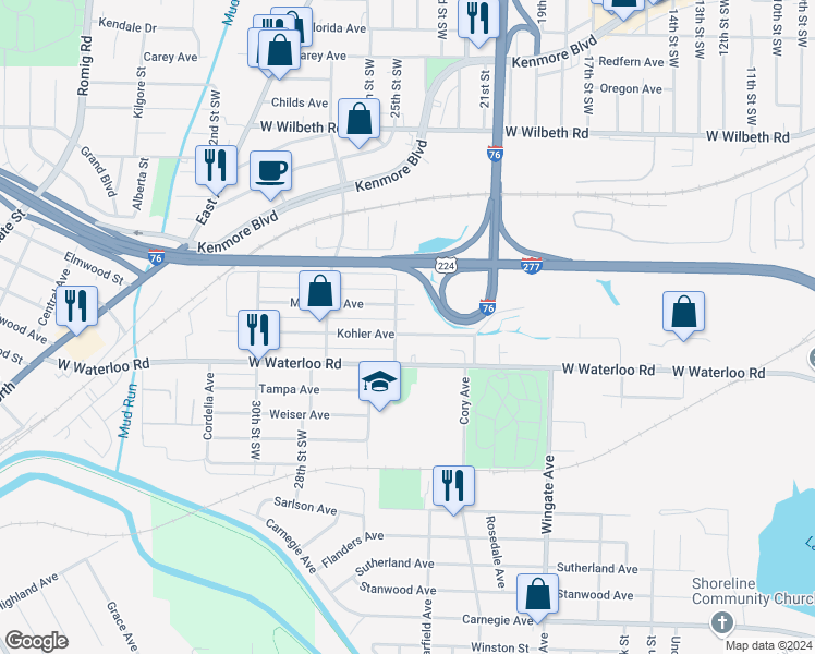 map of restaurants, bars, coffee shops, grocery stores, and more near 1110 McIntosh Avenue in Akron