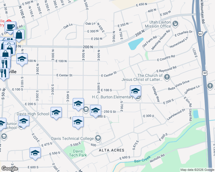 map of restaurants, bars, coffee shops, grocery stores, and more near 642 East Center Street in Kaysville