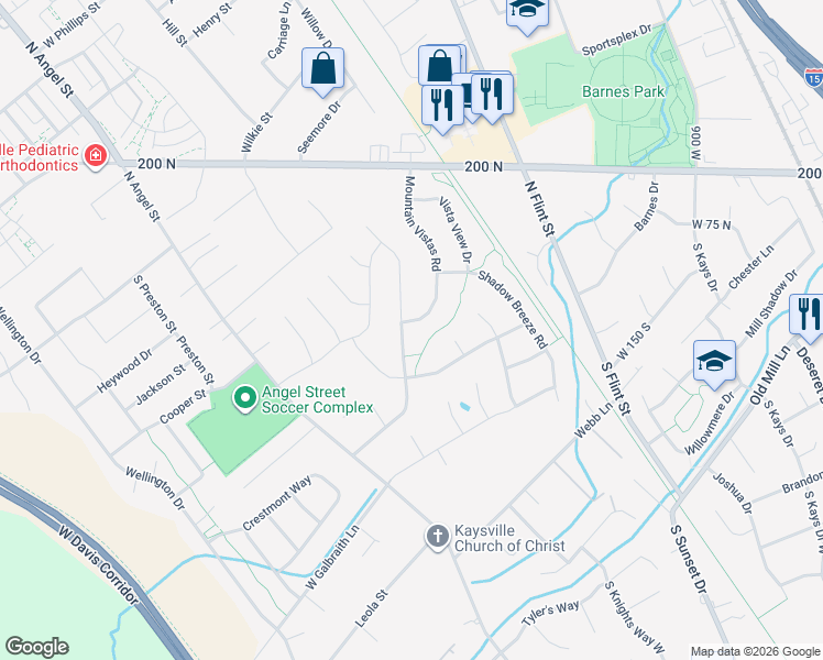 map of restaurants, bars, coffee shops, grocery stores, and more near 17 North Mountain Vistas Road West in Kaysville