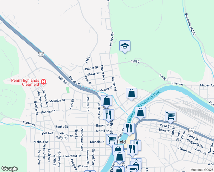 map of restaurants, bars, coffee shops, grocery stores, and more near 205 Poplar Avenue in Clearfield
