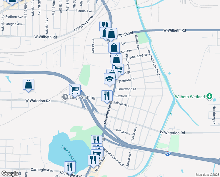 map of restaurants, bars, coffee shops, grocery stores, and more near 2370 Manchester Road in Akron
