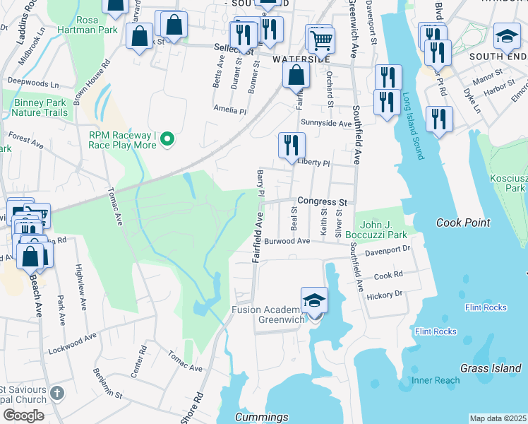 map of restaurants, bars, coffee shops, grocery stores, and more near 551 Fairfield Avenue in Stamford