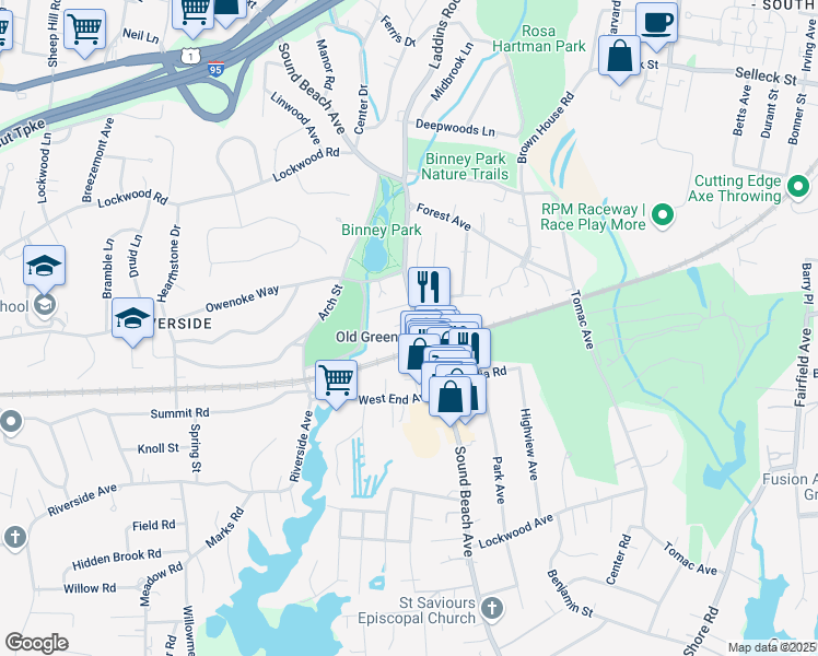 map of restaurants, bars, coffee shops, grocery stores, and more near 143 Sound Beach Ave in Old Greenwich