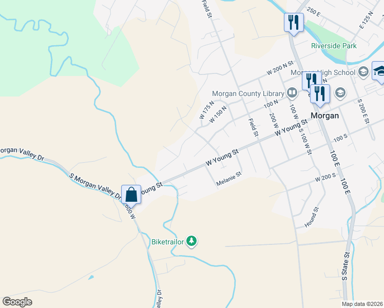 map of restaurants, bars, coffee shops, grocery stores, and more near 623 West 150 North in Morgan