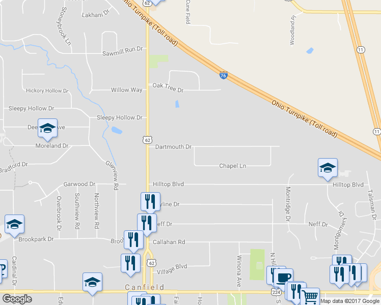 map of restaurants, bars, coffee shops, grocery stores, and more near 101 Dartmouth Drive in Canfield