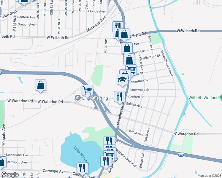 map of restaurants, bars, coffee shops, grocery stores, and more near 2370 Manchester Road in Akron