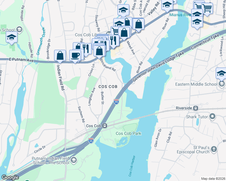 map of restaurants, bars, coffee shops, grocery stores, and more near 29 Maplewood Drive in Greenwich