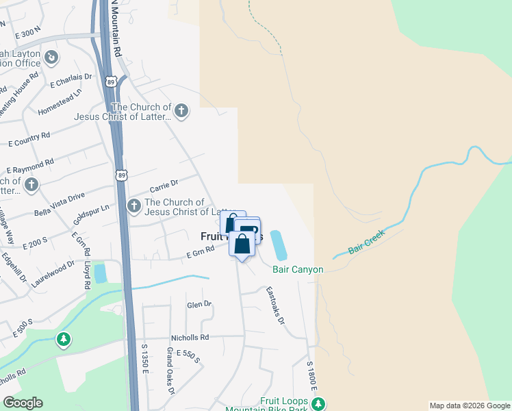 map of restaurants, bars, coffee shops, grocery stores, and more near 86 South Grandison Court in Fruit Heights