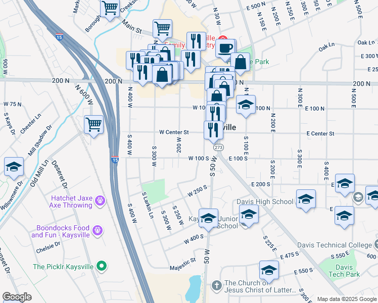 map of restaurants, bars, coffee shops, grocery stores, and more near 172 West 100 South in Kaysville