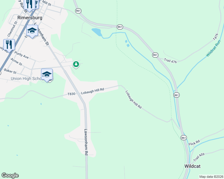 map of restaurants, bars, coffee shops, grocery stores, and more near 205-947 Lobaugh Hill Road in Rimersburg