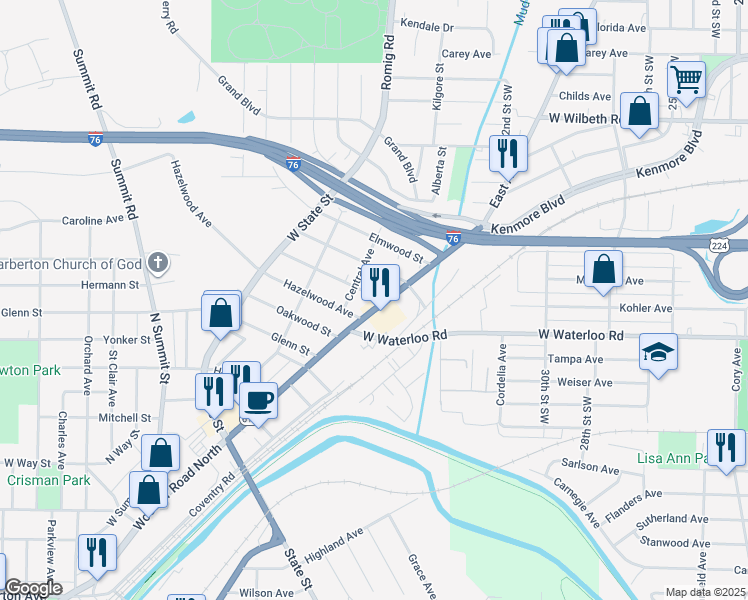 map of restaurants, bars, coffee shops, grocery stores, and more near 53 Fernwood Avenue in Barberton