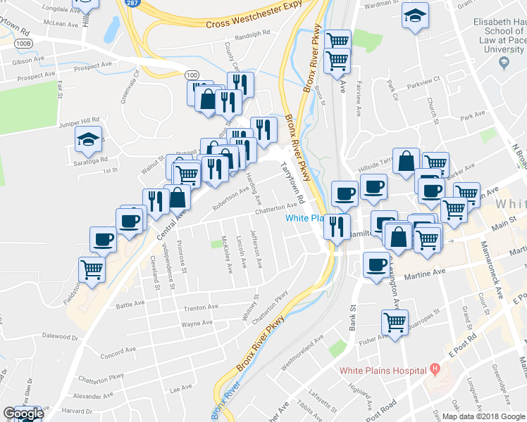 map of restaurants, bars, coffee shops, grocery stores, and more near 57 Chatterton Avenue in White Plains