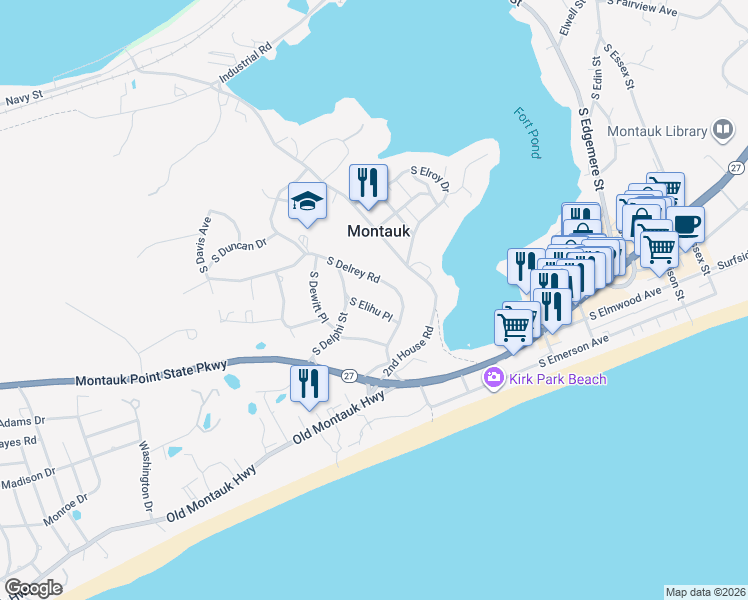 map of restaurants, bars, coffee shops, grocery stores, and more near 27 South Delrey Road in Montauk
