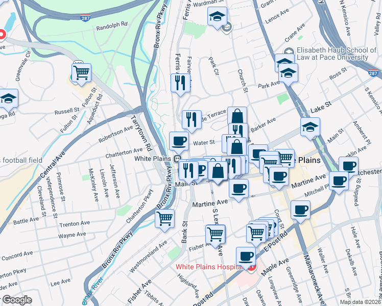 map of restaurants, bars, coffee shops, grocery stores, and more near in White Plains