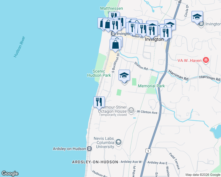 map of restaurants, bars, coffee shops, grocery stores, and more near 240 South Buckhout Street in Irvington