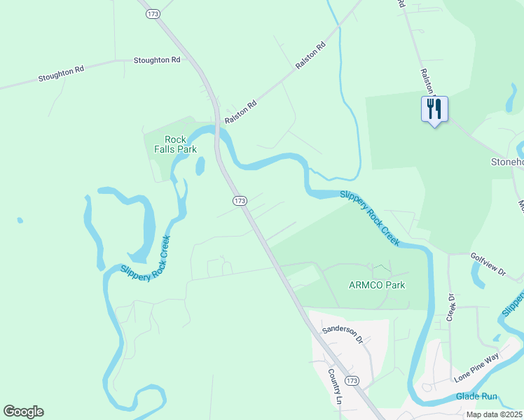 map of restaurants, bars, coffee shops, grocery stores, and more near 107 Grossman Lane in Slippery Rock